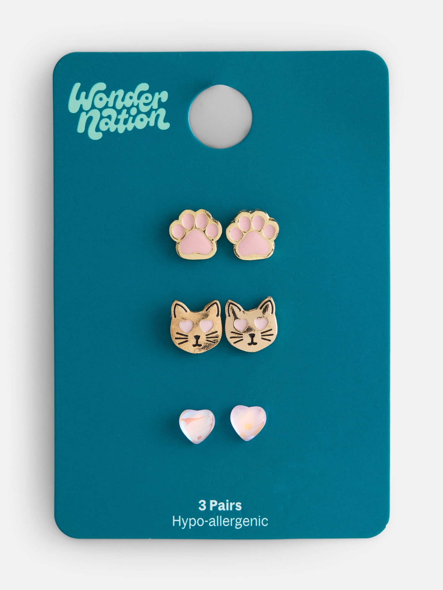 Wonder Nation Girls 3 Pairs Cat Earrings, Gold/Pink