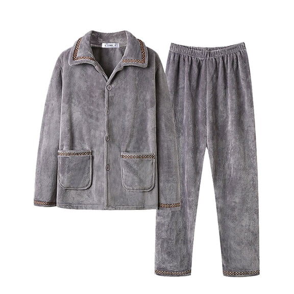 Men's Pajama Sets 2 Piece Plush Warm Long Sleeve Lapel Button Up Thickened Sleepwear and Pajamas Pants Classic Fit Men's Sleepwear