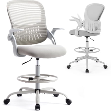 Ergonomic Tall Drafting Chair Height-Adjustable Office Desk Chair with Flip-up Armrests Lumbar Support Footrest & Rolling Wheels for Standing Desk
