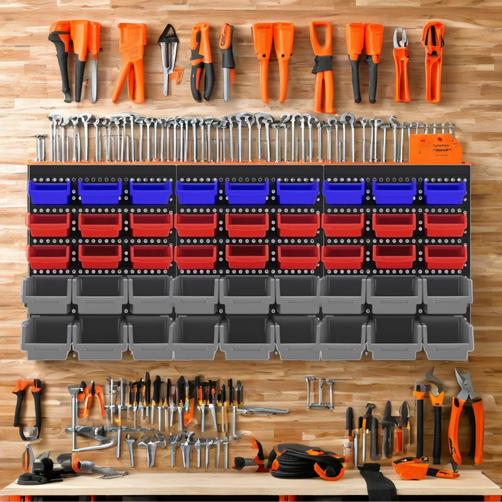 45 PCS Wall Mounted Storage Bins Organizer, Plastic Nuts & Bolts Organizer with Pegboard, Stackable Screw & Nail Storage Rack for Garage, Workshop, Craft & Hardware Parts (Black,Yellow,Gray,Blue)