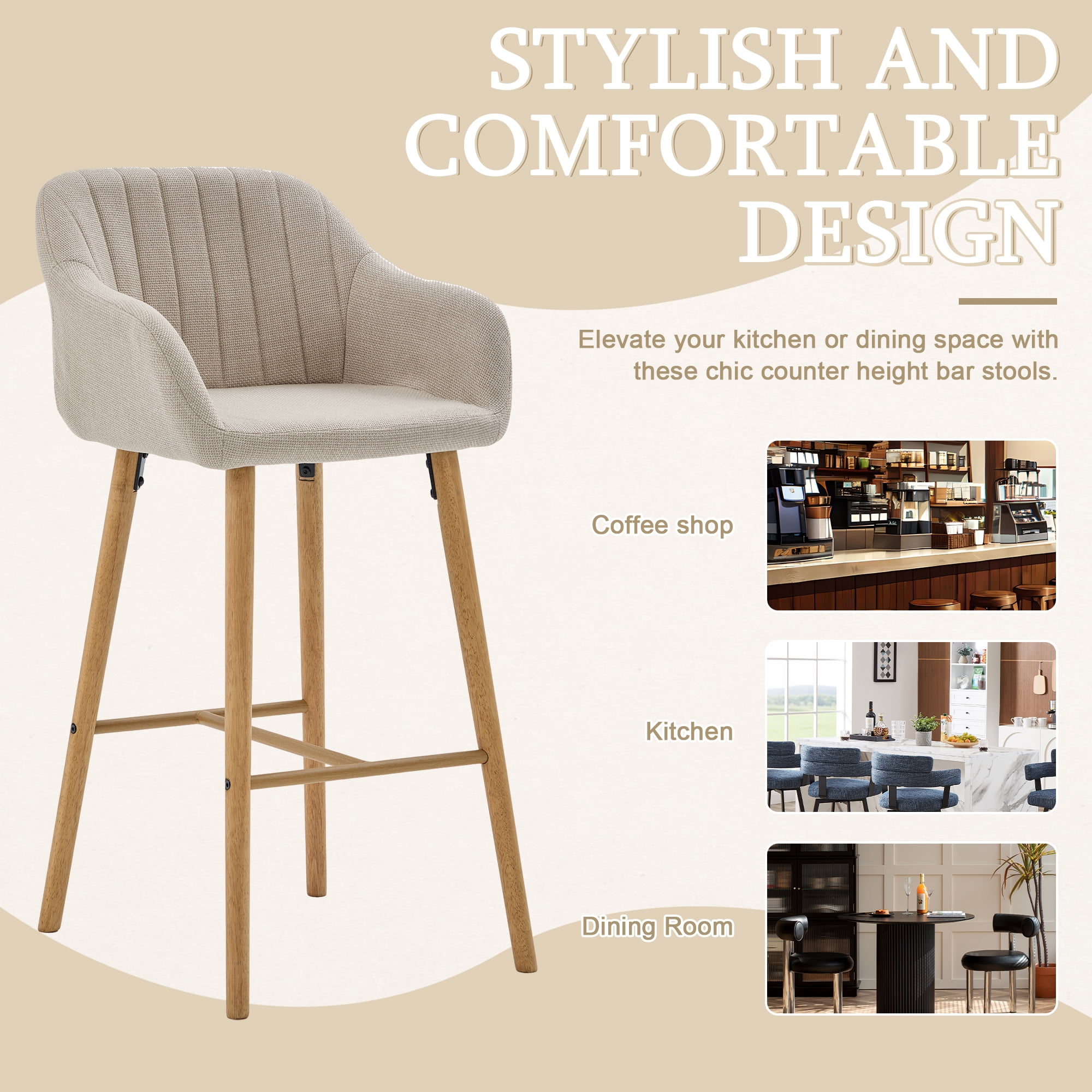 Bar Stools Set of 2, Counter Height Stools, Kitchen Stools&nbsp;25” Seat Height Barrel Tub Design With Full Backrest, Relaxing Footrest, Black Metal Frame, Easy-Clean Gray Linen Upholstery