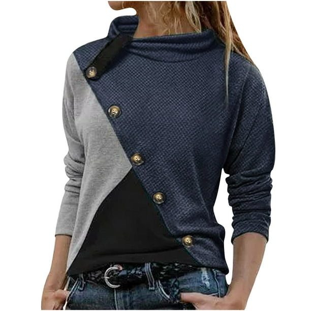 Moda mujer casual manga larga cuello redondo patchwork señoras tops sudaderas Fridja hkj923