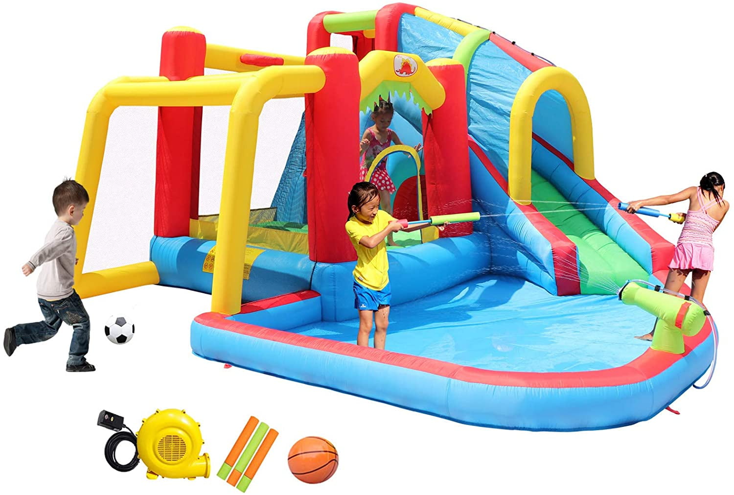 Kids Bounce House with Blower JOOLOOG Inflatable Water Slides Climbing Wall Basketball Scoop and Water Cannon with 450W Air Blower Blow Up Water Slides for Kids Backyard Splashing Pool 