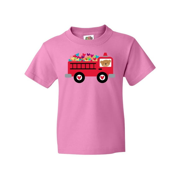 Inktastic Valentine Fire Truck Heart Bear Youth T-Shirt