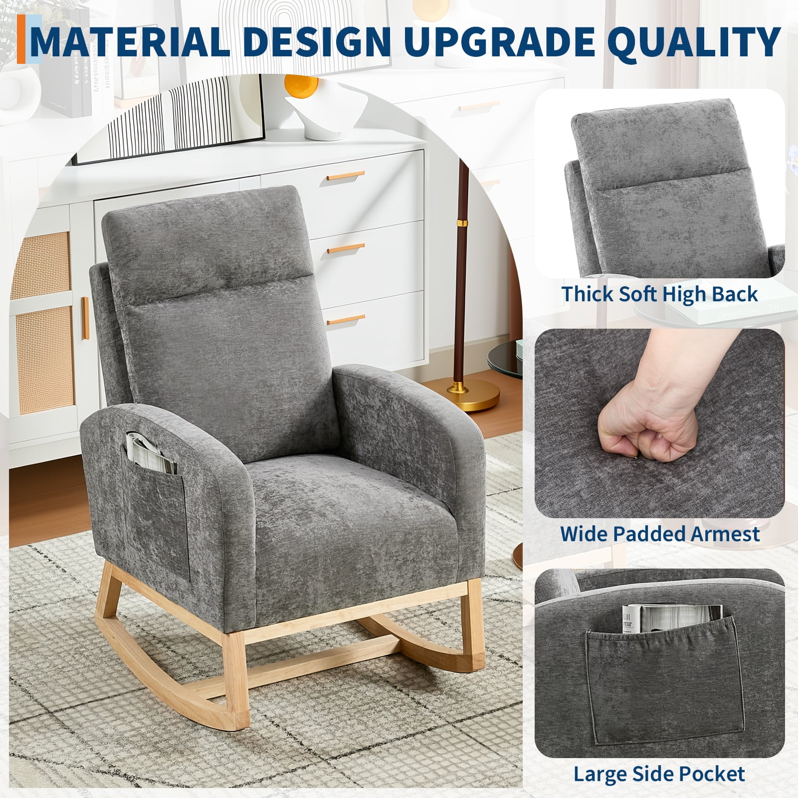 Rocking Chair Nursery, Glider Rocking Chair with High Back & Side Pocket, Teddy Upholstered Glider Rocker with Padded Seat High Backrest for Living Room/Bedroom/Nursery