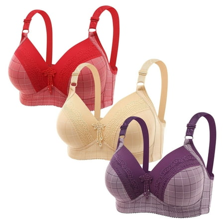 Clearance TOUMENY Bras for Older Women Nude Bra 3PC Women Plus Size Lace Stitching Plaid Printing Non-Steel Ring Non-Magnetic Buckle Underwear Bra