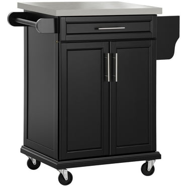HOMCOM Kitchen Island on Wheels, Rolling Kitchen Cart with Stainless Steel Countertop, Drawer, Towel Rack and Spice Rack, Utility Storage Trolley, Black