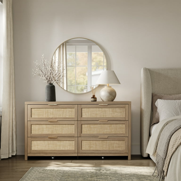 Surmoby 6-Drawer Wide Dresser with Rattan Drawers - Extra Deep Storage Chest  for Bedroom, Living Room and Closet Organization ,56.85" Boho Chest of  Drawers Rattan Dresser,Light Oak - Walmart.com