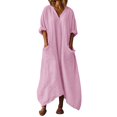 thumbnail image 2 of Vhkiploz Summer Maxi A-Line Linen Dress for Women's V-Neck 3/4 Sleeve T-Shirt Dress Solid Color Beachwear Tunic Dress with Pockets, S-2XL, 2 of 8