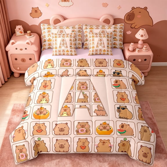 meiyoeat meiyoeat Personalized Capybara Monogram 7-Piece Twin Bedding,Initial Letter Print A Bedding Comforter Set,Pink Reversible