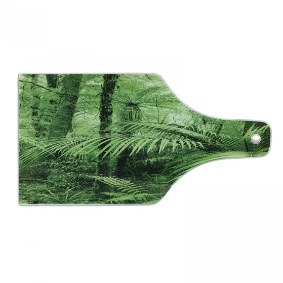 Rainforest Cutting Board, Palm Trees and Exotic Plants in Tropical Jungle Wild Nature Theme Illustration, Decorative Tempered Glass Cutting and Serving Board, Wine Bottle Shape, Green, by Ambesonne