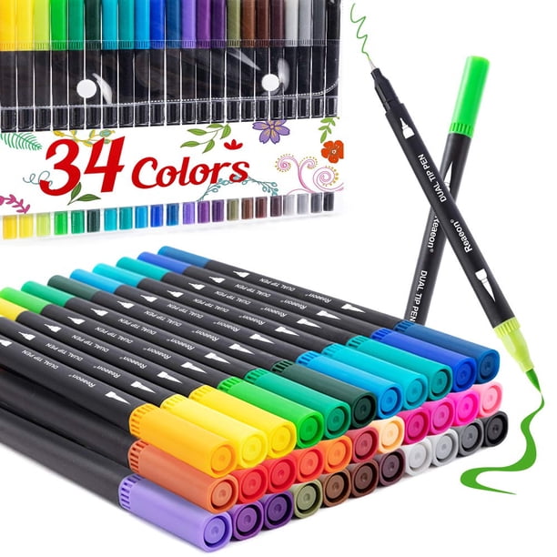 Rotuladores para colorear, marcador de punta de pincel doble para colorear para adultos, bolígrafo de punta fina de caligrafía de 34 colores para principiantes, planificador de diario, dibujo, garabat