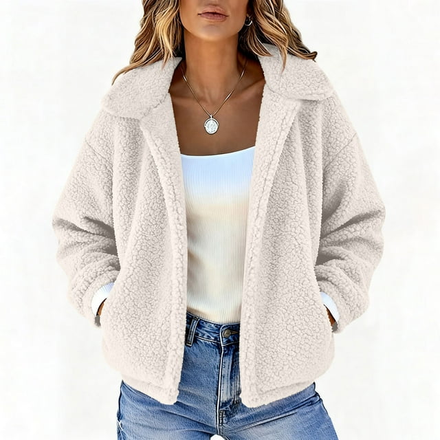 HongQid Women's Coat Casual Lapel Fleece Fuzzy Faux Shearling Zipper Coats Warm Winter Cropped Outwear Jackets