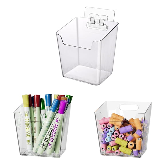 Clear Adhesive Wall Storage Bins, Small 3 Pack Cabinet Door Organizer Holders, Hanging Wall Mount Pockets, Plastic Cups for Shower Bathroom Makeup Office Craft Remote Kitchen Sink RV Organization