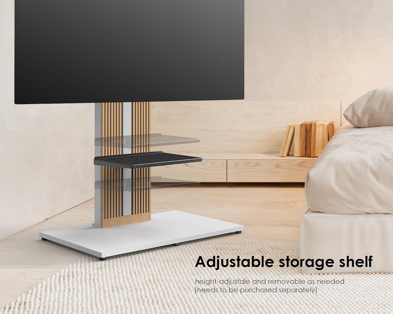 FITUEYES Zen Series Floor TV Stand for 55–88 Inch TVs, White & Light Wood, Hidden Storage