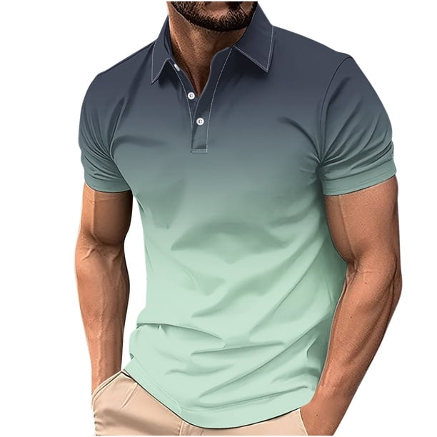 Camisetas de Manga Corta de los Hombres Casual Gradiente Solapa Botón Arriba Camiseta, Top Ligero para el Hogar, Uso Diario Y Cómodo