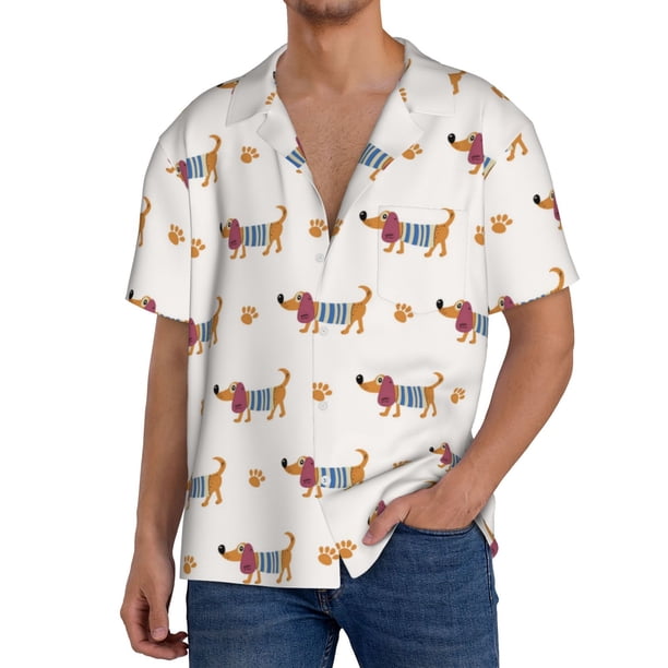 Balery Dachshund Dog Puppy Camisa Casual de Manga Corta con Botones para Hombre, Texturizada, Estilo Cubano, para Playa, Verano-3X-Large