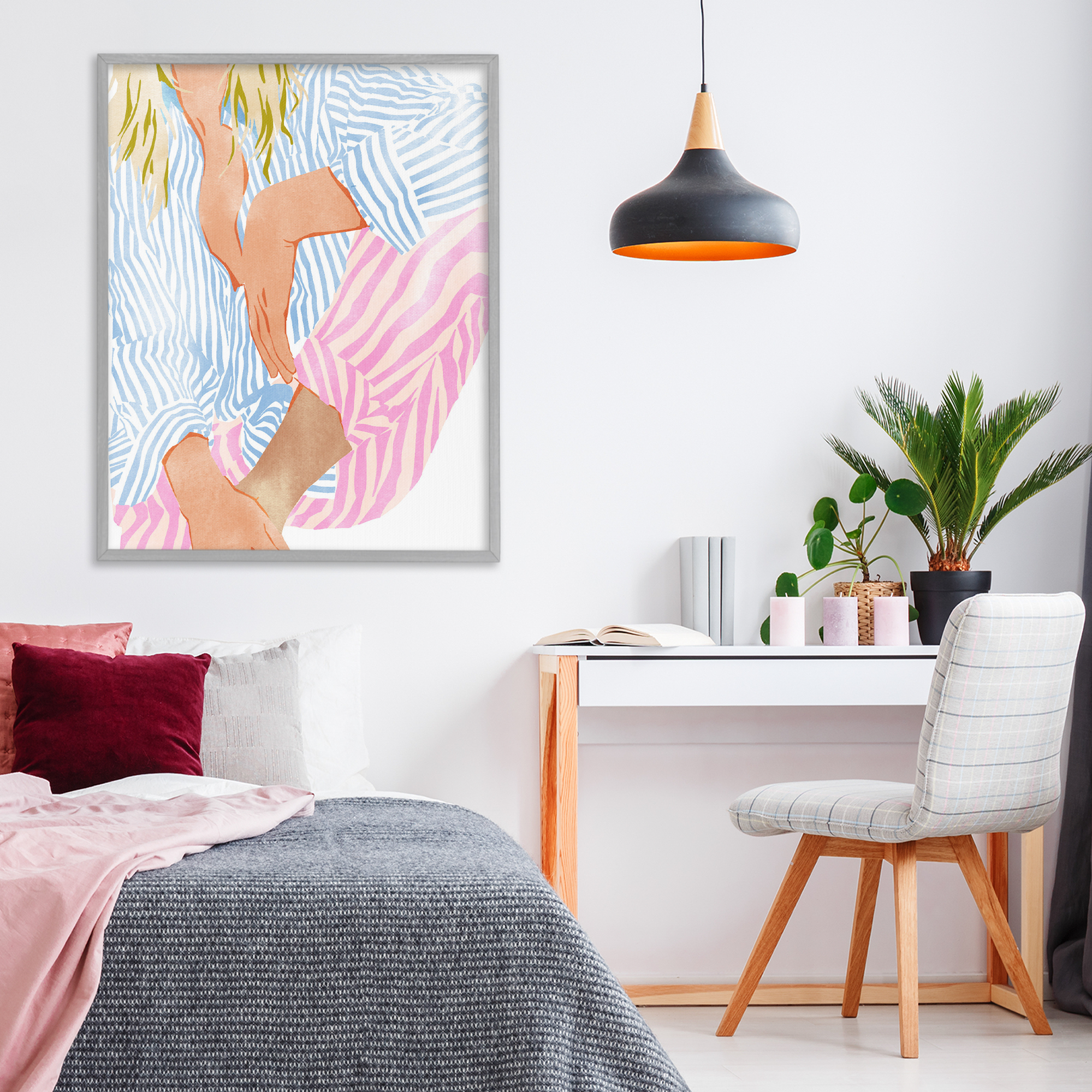 Woman in Pastel Stripes Gray Framed Giclee Art, design by Ziwei Li