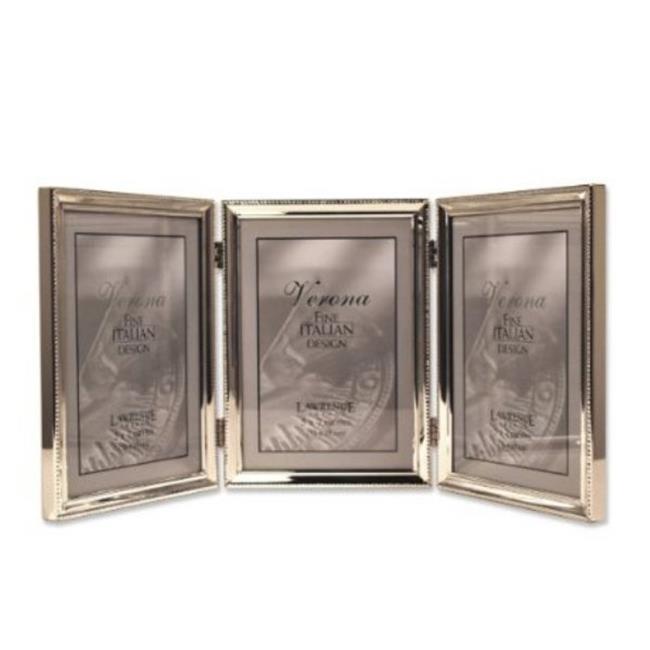 Polished Silver Plate 5x7 Hinged Triple Picture Frame Bead Border