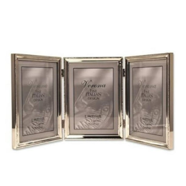 Polished Silver Plate 5x7 Hinged Triple Picture Frame Bead Border
