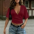 thumbnail image 5 of ZZkhGO Women's Crop Tops Ruched V Neck Short Sleeve Solid Casual Fashion Summer Slim Tops, Wine L, 5 of 7