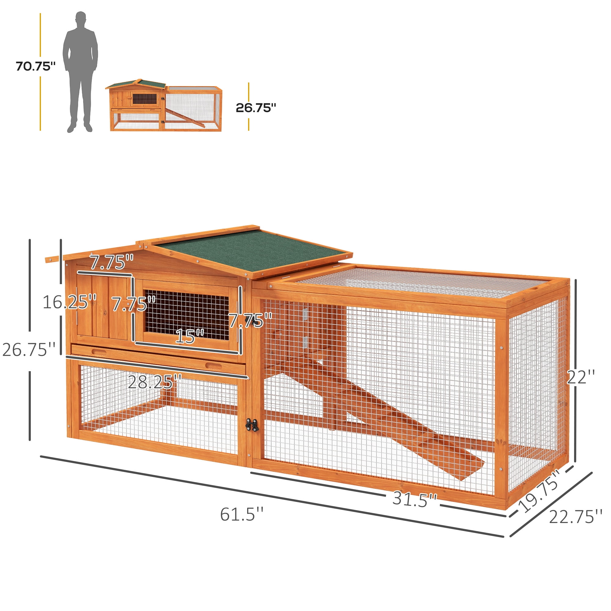 PawHut Rabbit Hutch 2-Story Bunny Cage Small Animal House with Tray, Run