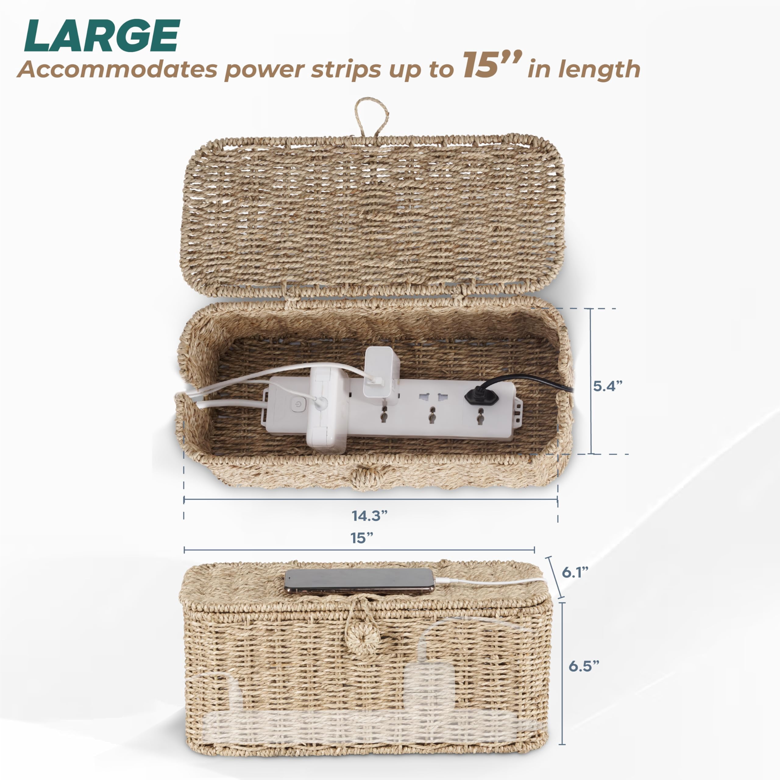 Large Cable Management Box  Rattan Cord Organizer Boxes For Power Strip - 2 Open Slots Cords Hider Tv Wires Computer Router Usb Hub And Under Desk