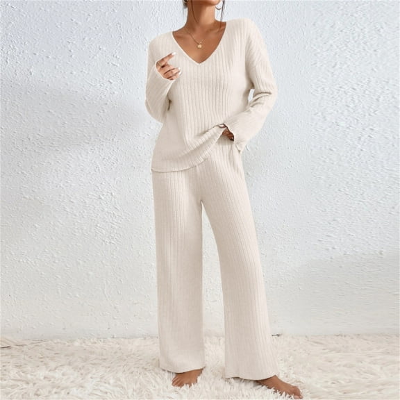 Gamivast Sets Women 2 Piece Outfits Ribbed Knit Lightweight Full Length Wide Leg Lounge Pants V Neck Long Sleeve Top Pull-On Elastic Waist Travel Casual Wear