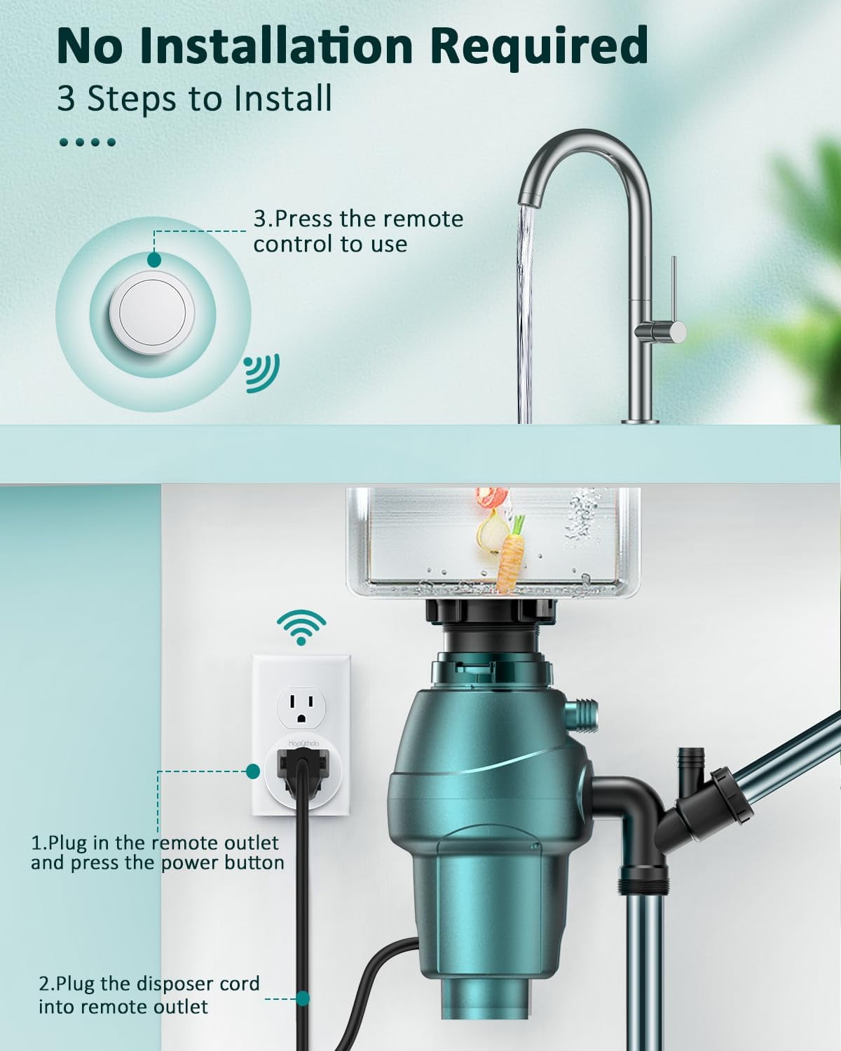 Wireless Garbage Disposal Switch Kit, Remote Control Outlet, Garbage Disposal Button, 500ft RF Range Waterproof, 15A 1500W, No Drilling Sink Top, for Food Waste Disposer and Home Appliances
