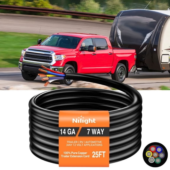 Nilight 25FT 7 Way Trailer Extension Cable, SAE 14AWG 7 Conductor Pure Copper Wire, Heavy Duty Weather-Resistant for 7 Pin Blade RV and Automotive Use
