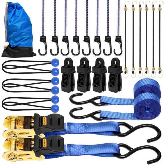 PinesC 27-Piece Tie-Down Ratcheting Set, (2Pack) 15Ft 2,200 LB Ratchet Tie Down Straps, Bungee Cords Heavy Duty Assorted Sizes in 18" 24" 32" 40" with Storage Bag, Tarp Clips and Ball Bungee Cords