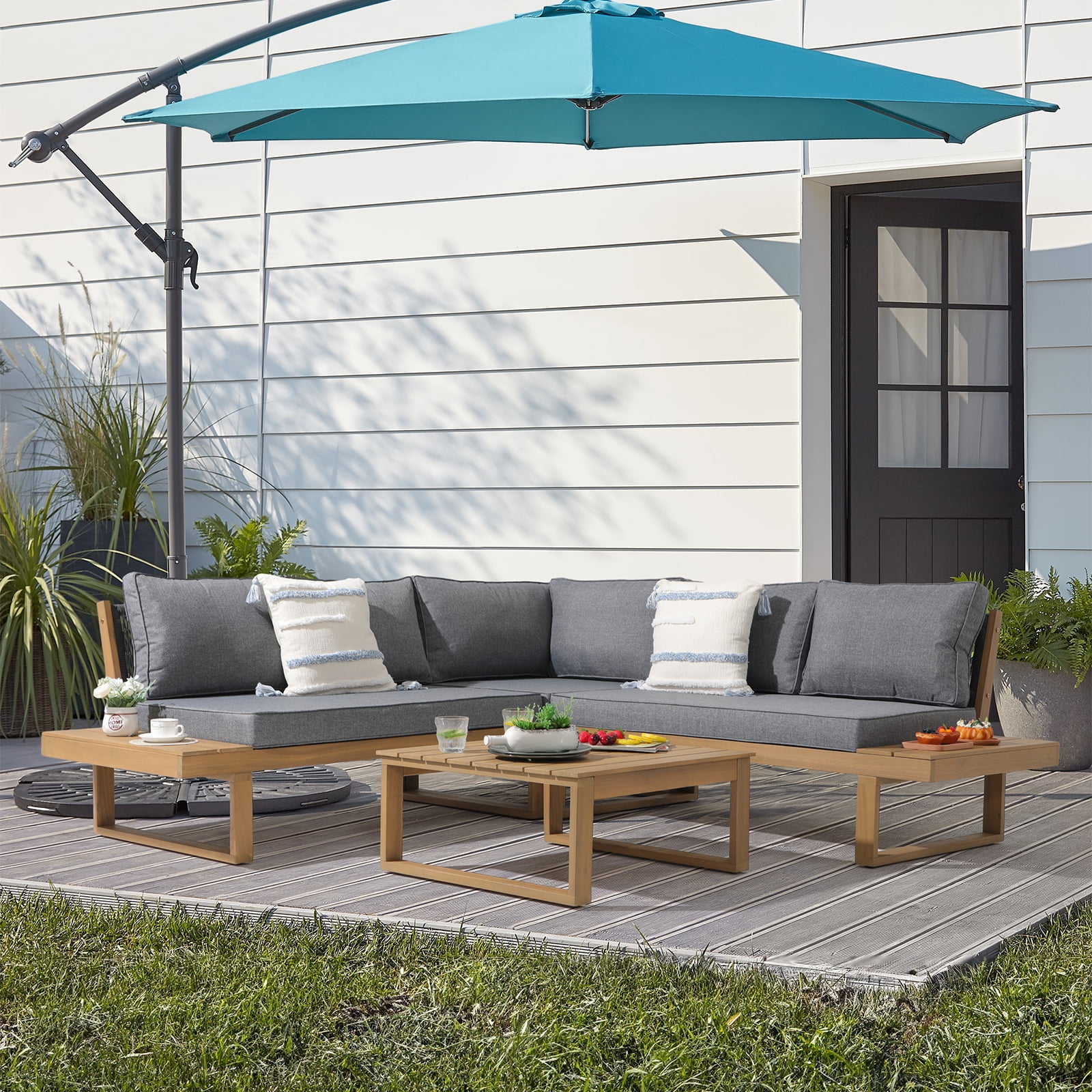JOIVI Outdoor 4-Piece Acacia Wood Furniture Set, All-Weather Patio Sectional Sofa Set, Rope Lounge Couch with Wood Table, Gray Cushion