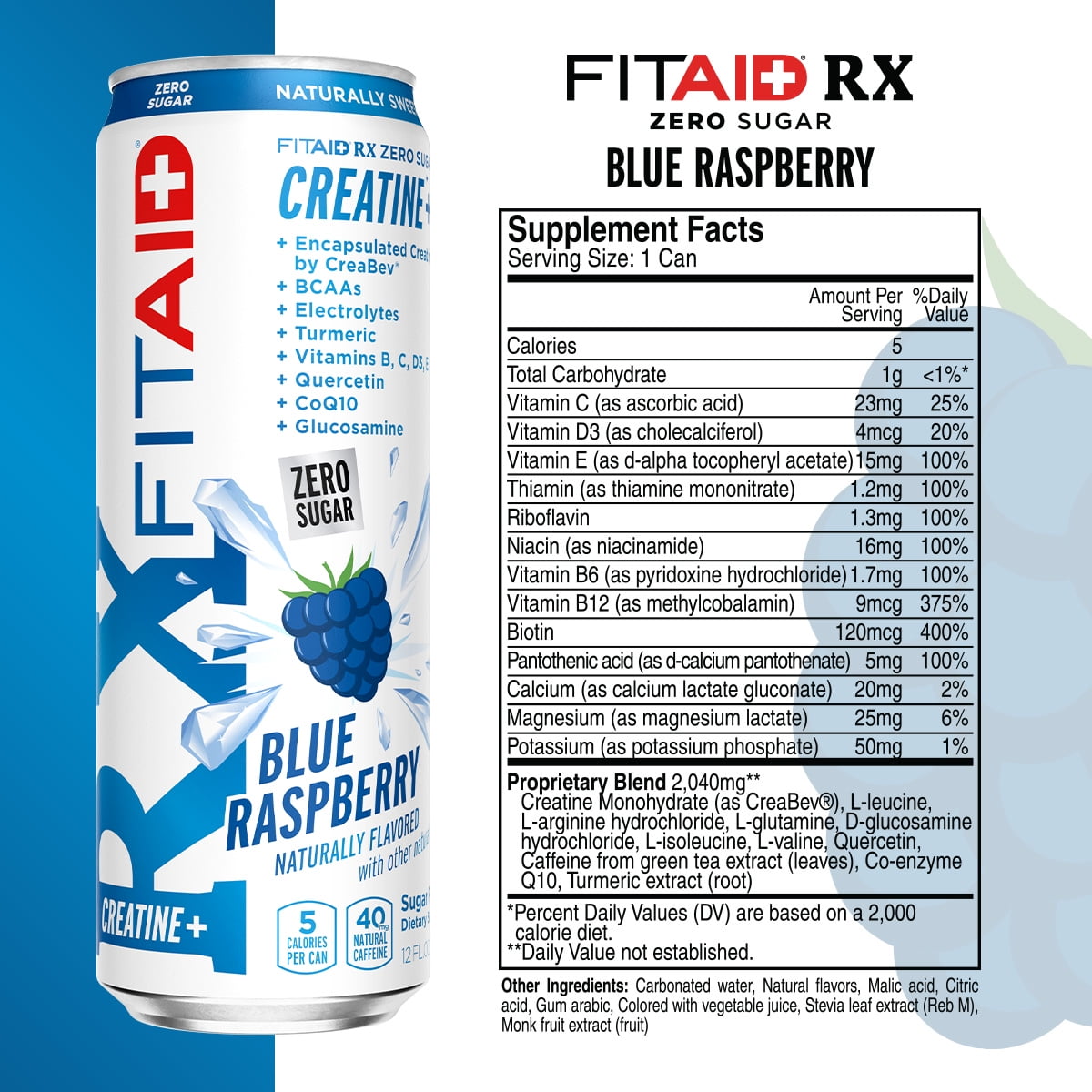 FITAID RX Zero Sugar, Encapsulated Creatine, Workout Recovery Drink, 24 Pack. All-In-One Blend, BCAAs, Glucosamine, Turmeric, B-Complex, Naturally Sweetened, Blue Raspberry, 12 Fl Oz