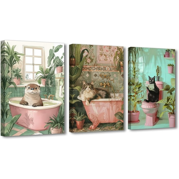 Hieng Kids Bathroom Wall Art Animal Bathroom Decor Funny Bathroom Posters Animals in the Bathtub Pictures Tropical Jungle Bath Wall Decor (Framed canvas)