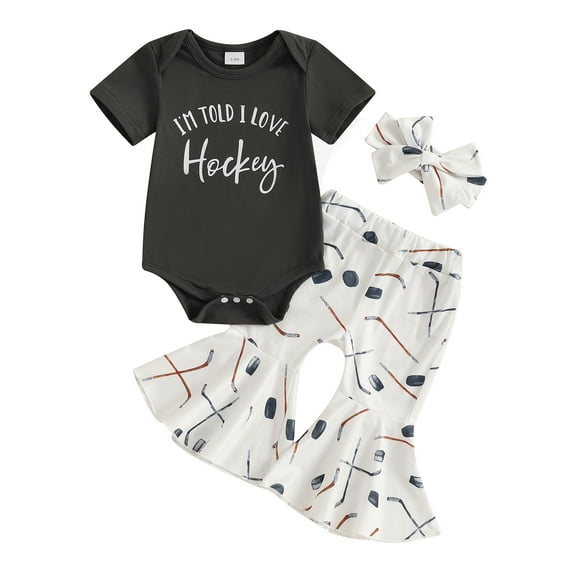 Qmyliery Baby Girl Summer Outfits Letter Print Short Sleeve Round Neck Romper   Ice Hockey Print Flare Pants   Headband 3 6 12 18 Months