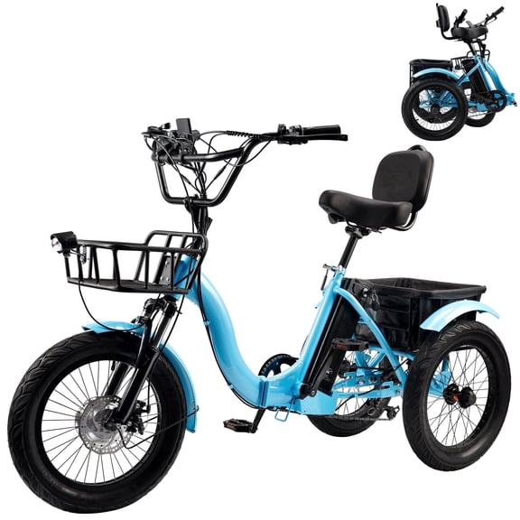 VIPQV Blue Electric Tricycle for Adults, 20MPH 27Miles 7-Speed Ebike, 3 Wheel Folding Electric Tricycle 18", Mountain E Bike, 350W Electric Trike 48V 13AH UL2849
