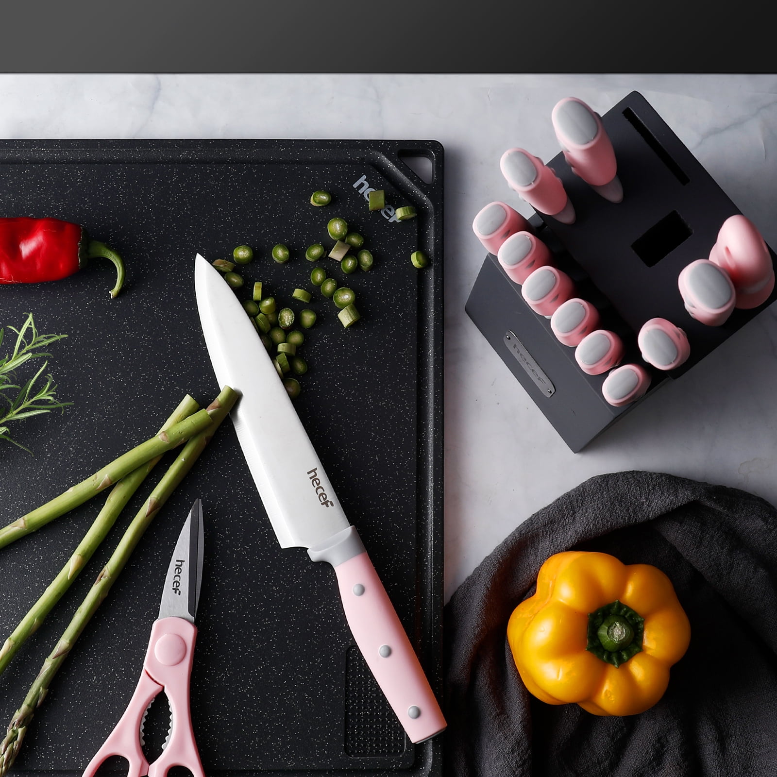 Hecef 14-Piece Pink Knife Set with Block and Sharpener, High Carbon Stainless Steel Kitchen Knives