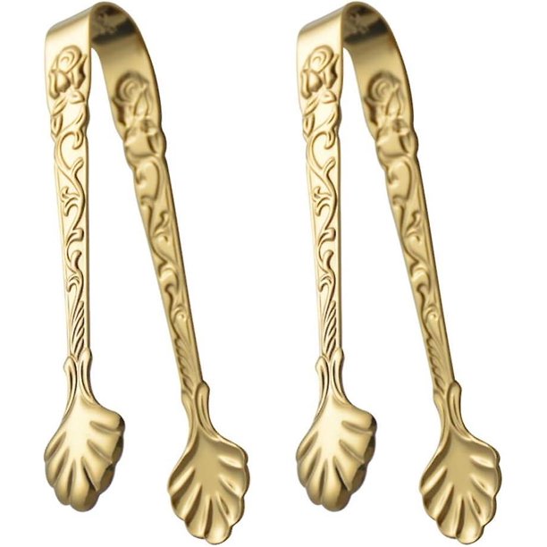 2 pinzas para hielo con forma de flor, pinzas de cocina de acero inoxidable, pinzas para servir alimentos, pinzas para cocinar antideslizantes (doradas)