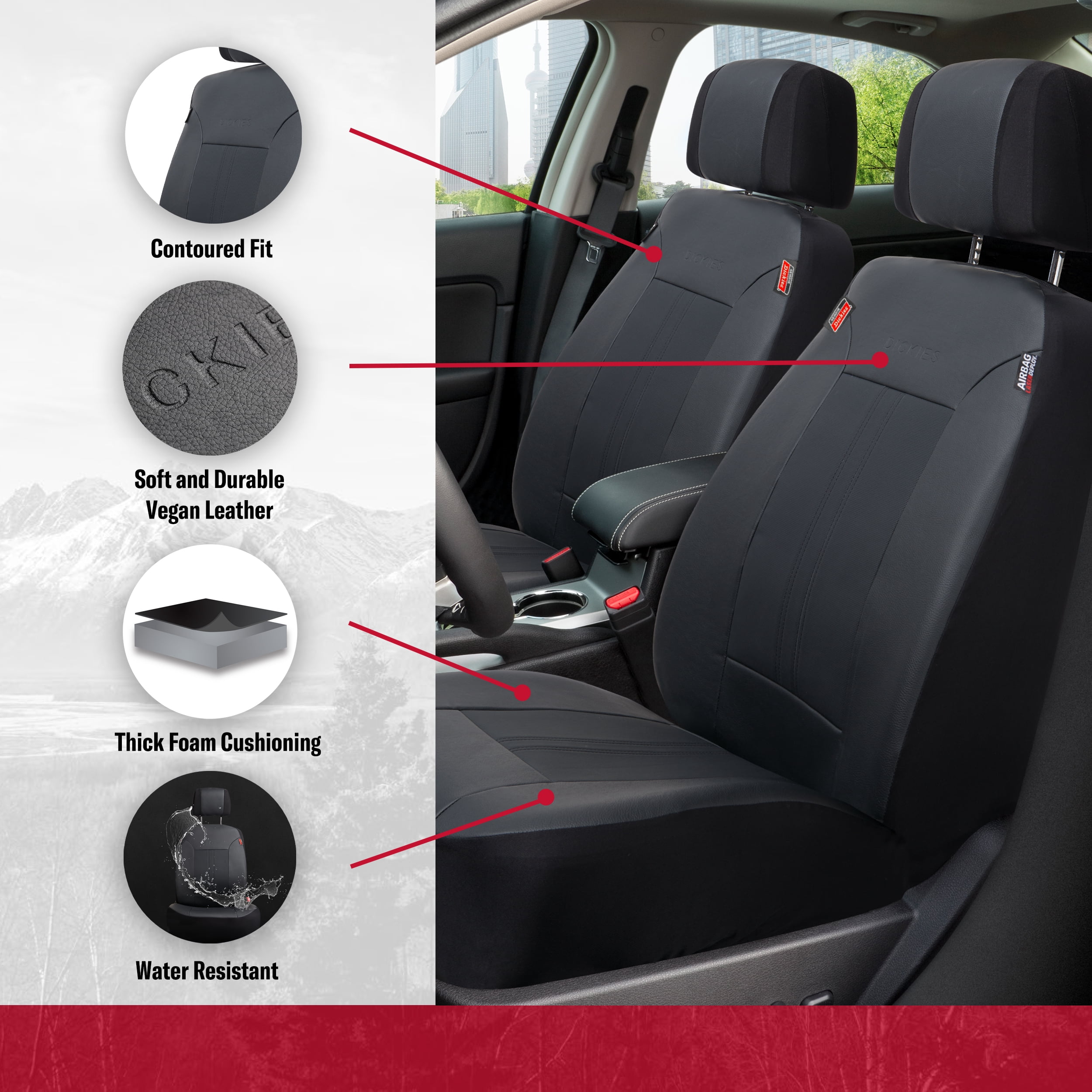 Genuine Dickies 3 Piece Car or SUV Vegan Leather Seat Covers Black, 43645WDC
