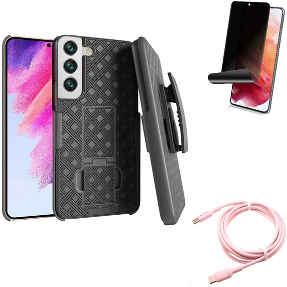 Privacy Screen Protector & Case Belt Clip & Pink 10ft Long Cable for Samsung Galaxy S22 (6.1") - TPU Film Fingerprint Works & Holster Swivel & USB-C to Type-C PD Fast Charger Accessory Bundle