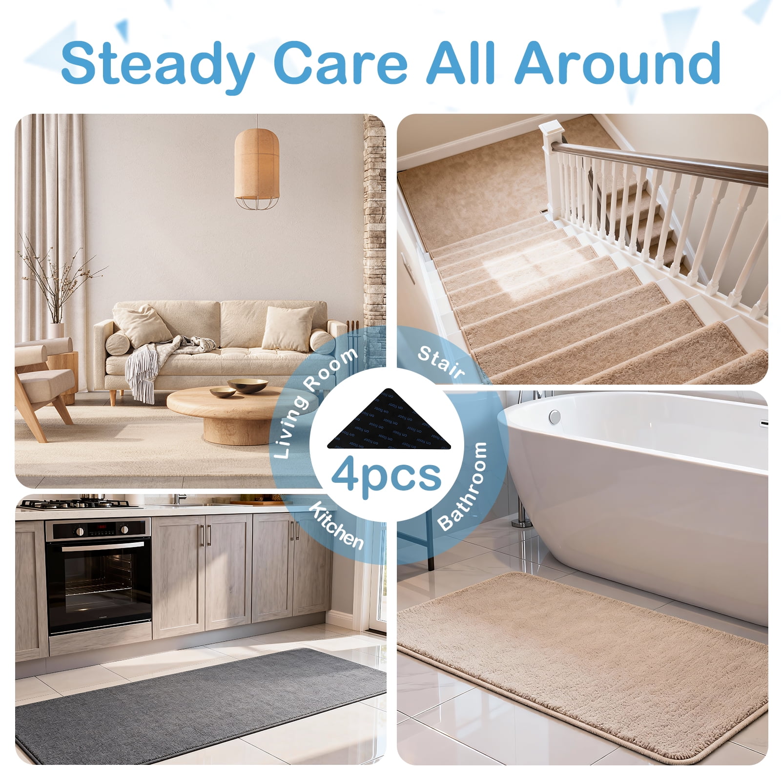 4 Pcs Rug Tape, Double-Sided Adhesive Non Slip Rug Pads Grippers for Hardwood Floors and Tiles