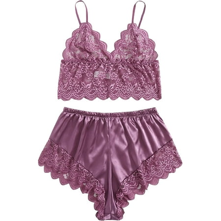 

ZWQIANWEXFED Women s Plus Size Spaghetti Strap Lace Trim Bralette and Shorts Sleepwear Pajama Lingerie Set