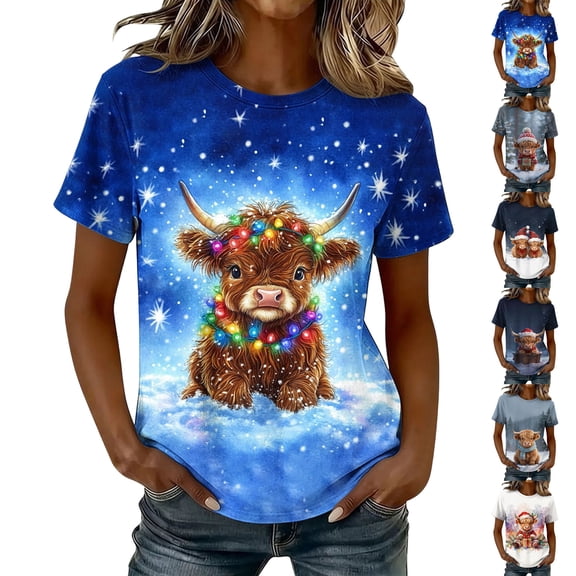 Axdhxbd Womens Christmas Shirt Cute Highland Cow Graphic Tees Xmas Short Sleeve Crew Neck Tshirts Plus Size Holiday Tops S-5XL