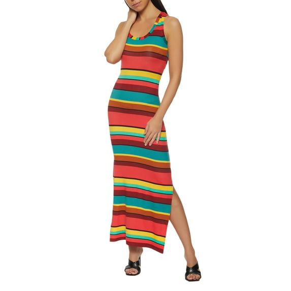 Franhais Female Long Dress, Stripe/ Floral Print U-Neck Sleeveless One-Piece Summer Outfit for Ladies, S/M/L/XL