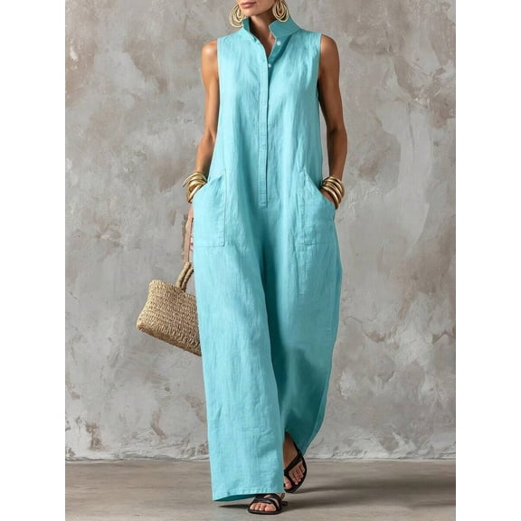 Women's Stand Collar Sleeveless Jumpsuit, Casual Minimalist Style, Loose Wide Leg Fit, Daily Wear & Vacation, Button-Front With Side Pocke