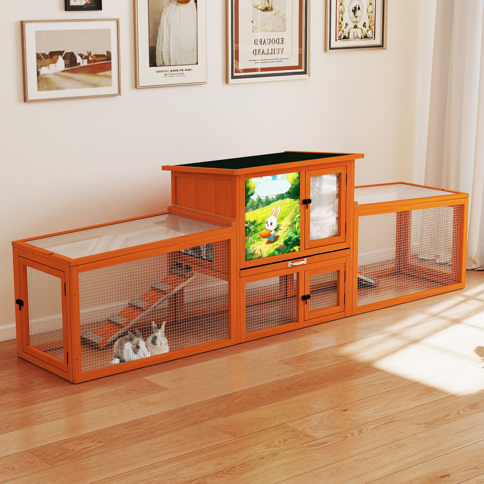 Insulated Outdoor Wood Rabbit Hutch, Weatherproof Large Bunny Cage with Runs Orange with Colorful Patterns