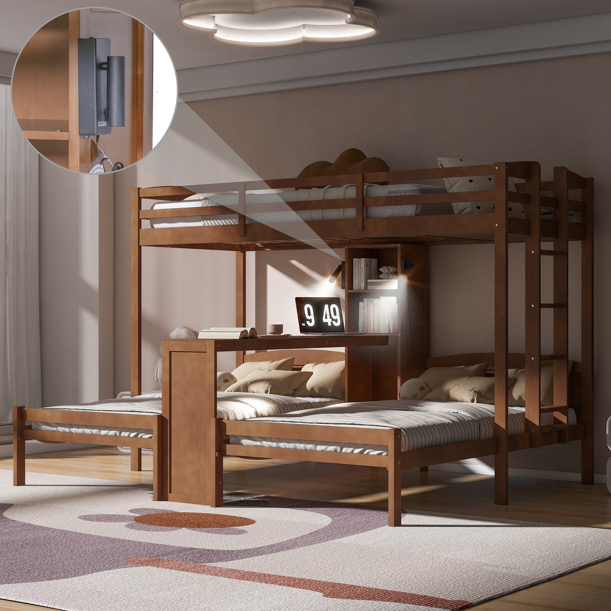 Euroco Wood Twin over Twin Bunk Bed with Desk, 3 Beds in 1 with Shelves and Reading Lamps, Natural