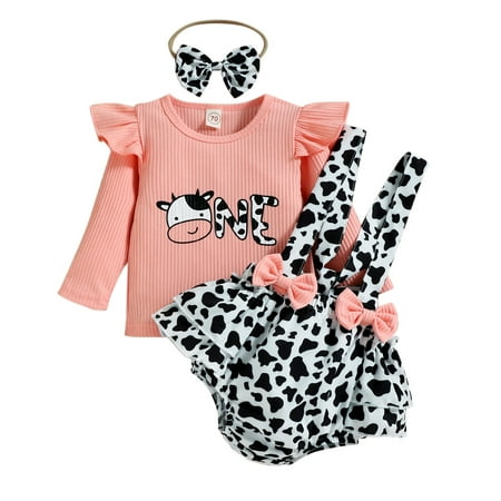 

Girls Long Sleeve Cartoon Dairy Cow Prints Ribbed Tops T Shirt Ruffles Suspenders Shorts Headbands Outfits Mommy Baby Matching Shoes