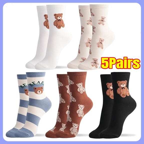 5 Pairs Women's Cotton Crew Socks - Cute Smiley Face Funny Bow Fruit Graphic Crazy Animal - Ladies Casual Socks Size 6-8