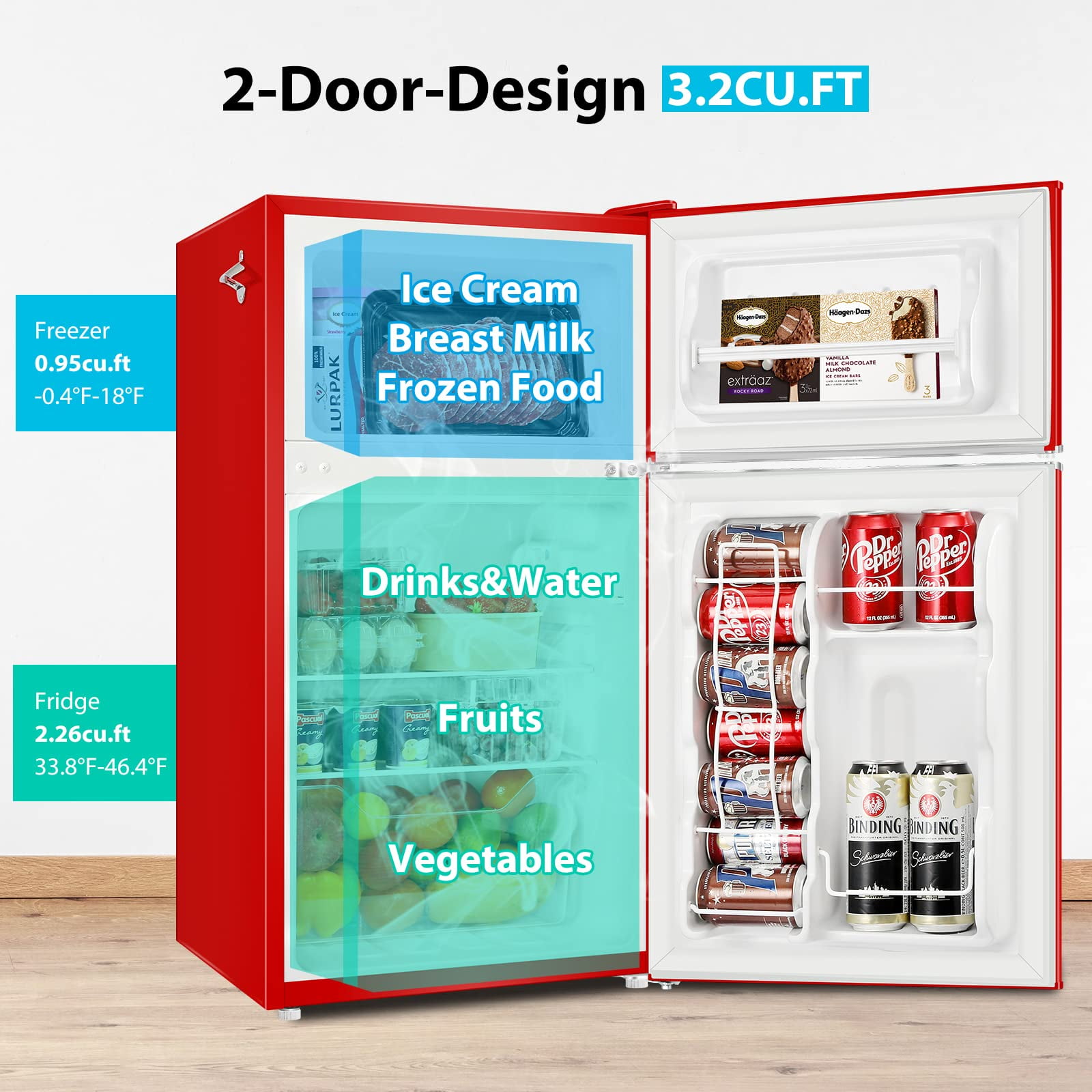 BANGSON Mini Fridge with Freezer, 2 Door Small Refrigerator with Freezer,  Mini Freezer Fridge Combo, 3.2 CU.FT, For Home, Office, Dorm, Garage or RV